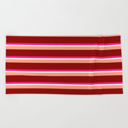 [ Thumbnail: Crimson, Deep Pink, White, Light Salmon, and Dark Red Colored Lines Pattern Beach Towel ]