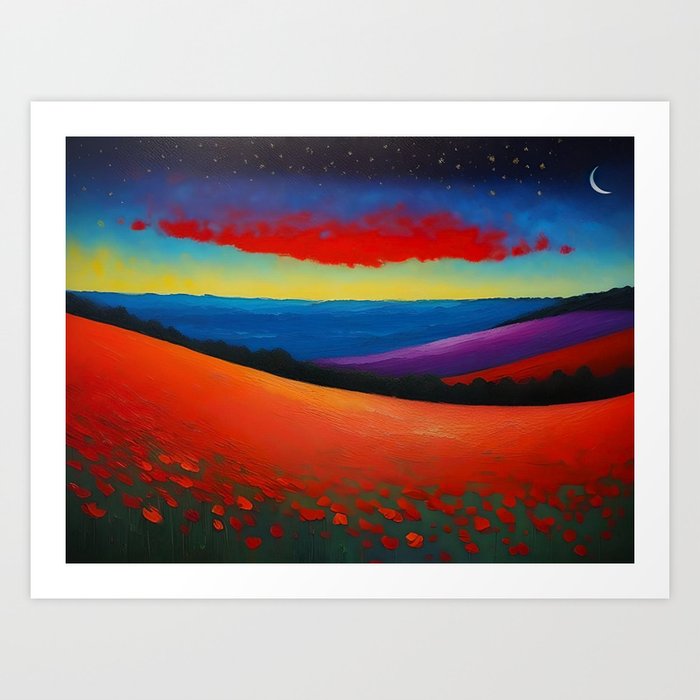 Red skies over red poppy fields and lavender field valley panoramic starry night landscape painting Art Print