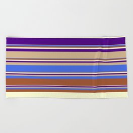 [ Thumbnail: Eyecatching Tan, Royal Blue, Sienna, Light Yellow, and Indigo Colored Lines Pattern Beach Towel ]