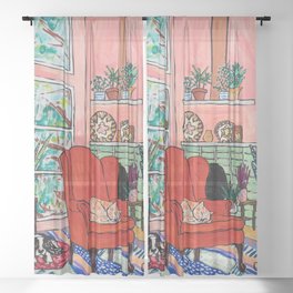 Red Armchair in Pink Interior with Houseplants, Ginger Cat, and Spaniel Interior Painting Sheer Curtain