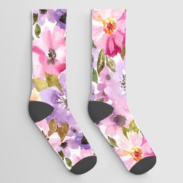 Pink Purple Watercolor Flowers Socks