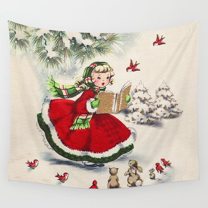 Vintage Christmas Girl Wall Tapestry