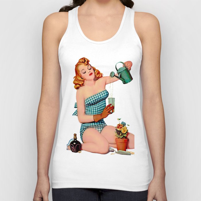 Red Sexy Pinup With Watering Can For Garden Tank Top