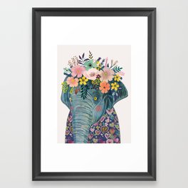 Elephant with flowers on head Framed Art Print
