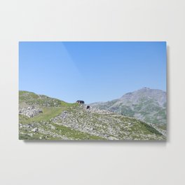 Lone house on a mountain in France - mountains and blue sky - nature and travel photography Metal Print | Emptiness, Europe, Adventure, French Alps, Travel, Hiking, Photo, Mountains, House, Summer 