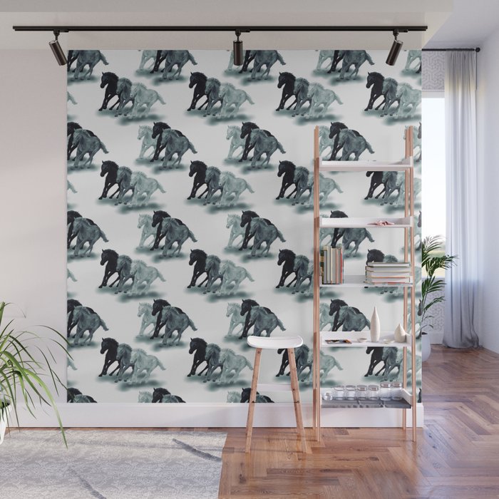 seamless pattern of three running gray horses Wall Mural