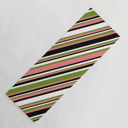 [ Thumbnail: Green, Light Coral, Black & White Colored Lined/Striped Pattern Yoga Mat ]