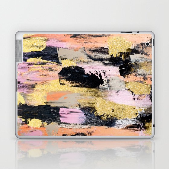 Modern Abstract Black Pink Salmon Gold Hand Painted Acrylic