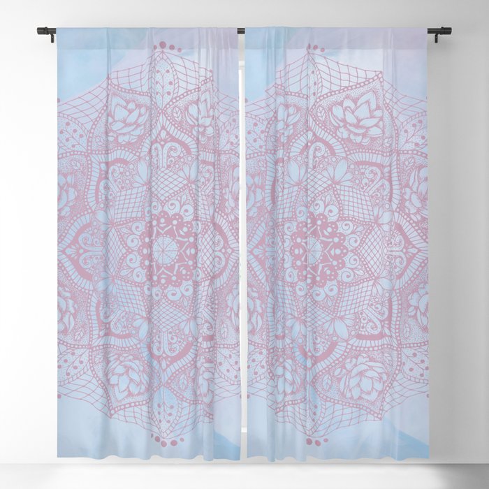 Pink Lotus Flower Mandala on Blue Fantasy Background Blackout Curtain