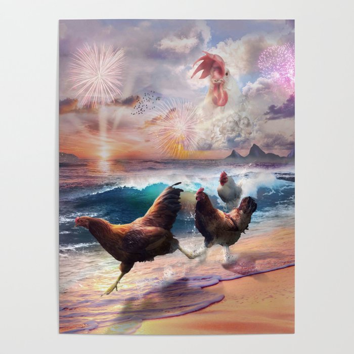 Beach Ocean Chickens, Clouds Spirit Chicken, Funny Majestic Poster