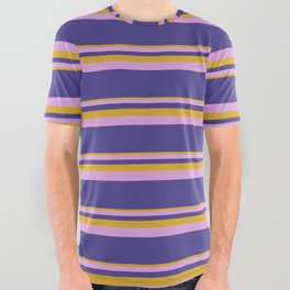 [ Thumbnail: Goldenrod, Plum, and Dark Slate Blue Colored Lines Pattern All Over Graphic Tee ]