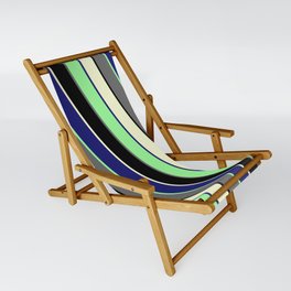 [ Thumbnail: Green, Dim Gray, Black, Light Yellow, and Midnight Blue Colored Stripes Pattern Sling Chair ]