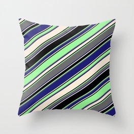[ Thumbnail: Vibrant Green, Dim Grey, Midnight Blue, Beige & Black Colored Striped Pattern Throw Pillow ]