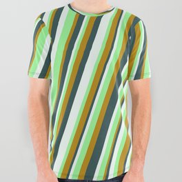 [ Thumbnail: Green, Dark Goldenrod, Dark Slate Gray & Mint Cream Colored Lines/Stripes Pattern All Over Graphic Tee ]