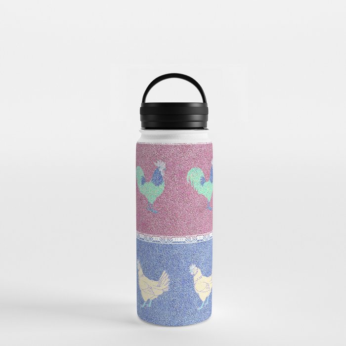 Patriotic Rooster and Chicken on Red and Blue Stripes Water Bottle