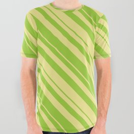 [ Thumbnail: Green and Tan Colored Lined/Striped Pattern All Over Graphic Tee ]