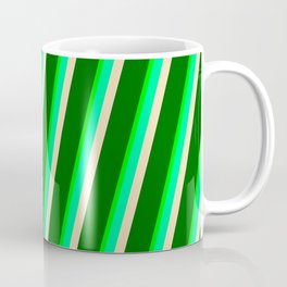 [ Thumbnail: Lime, Green, Tan & Dark Green Colored Striped/Lined Pattern Coffee Mug ]