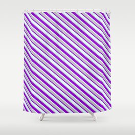 [ Thumbnail: Dark Violet, Light Cyan & Grey Colored Lines/Stripes Pattern Shower Curtain ]