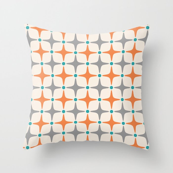 Mid Century Modern Starburst Pattern 993 Pattern Grey Blue and Orange Throw Pillow