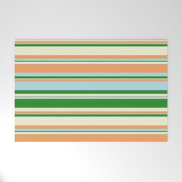 [ Thumbnail: Forest Green, Beige, Brown & Powder Blue Colored Striped Pattern Welcome Mat ]