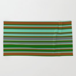 [ Thumbnail: Brown, Dark Green, Dim Grey & Aquamarine Colored Lined/Striped Pattern Beach Towel ]