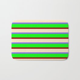 [ Thumbnail: Medium Slate Blue, Lime, Dark Red, and Bisque Colored Lines/Stripes Pattern Bath Mat ]