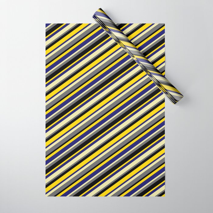 Eyecatching Pale Goldenrod, Dim Grey, Black, Yellow & Midnight Blue Colored Stripes/Lines Pattern Wrapping Paper
