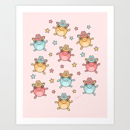 Jumping Cowboy Frogs, Cute Happy Frog with Hat Fun Pattern Art Print
