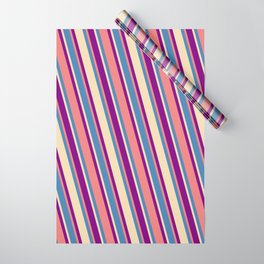 [ Thumbnail: Blue, Tan, Purple & Light Coral Colored Pattern of Stripes Wrapping Paper ]