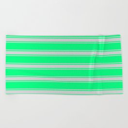 [ Thumbnail: Green and Light Gray Colored Stripes/Lines Pattern Beach Towel ]
