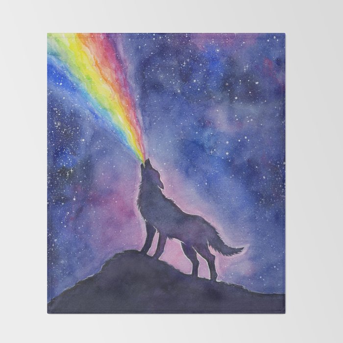 Galaxy Wolf Howling Rainbow Throw Blanket By Olechka Society6