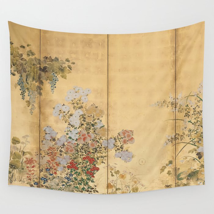 Japanese Edo Period Six-Panel Gold Leaf Screen - Spring and Autumn Flowers Wandbehang | Gemälde, Other, Illustration, Vintage, Realism, Natur, Edo, Japanisch, Panel, Rinpa