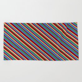 [ Thumbnail: Dark Red, Light Salmon, Sea Green & Royal Blue Colored Lined Pattern Beach Towel ]