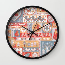 Decorative Pattern in Patchwork Style. Wall Clock | Motif, Nordic, Red, Winter, Pattern, Cuteanimals, Christmas, Scandinavianstyle, Circularpattern, Birds 