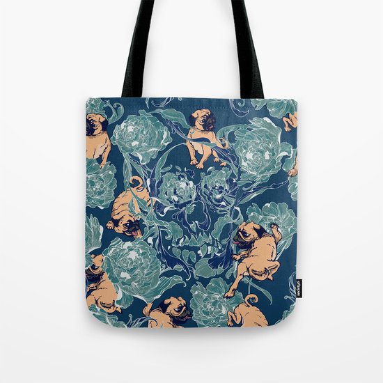 Climbing Pug & Floral Tote Bag