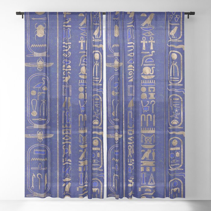 Egyptian hieroglyphs pattern Gold Lapis Lazuli Sheer Curtain