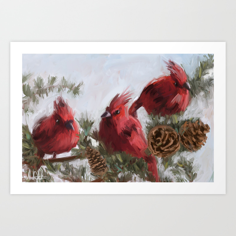 Three Red Black Cardinal Birds On A Pine Tree Winter Christmas Weather Art Print By Elkadi Society6
