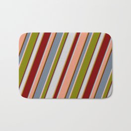 [ Thumbnail: Colorful Slate Gray, Light Gray, Dark Salmon, Green, and Maroon Colored Lined Pattern Bath Mat ]
