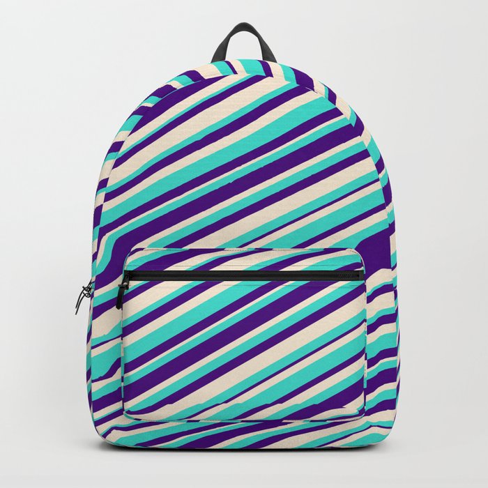 Turquoise, Indigo, and Beige Colored Lines/Stripes Pattern Backpack