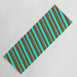 [ Thumbnail: Aqua and Brown Colored Lined/Striped Pattern Yoga Mat ]