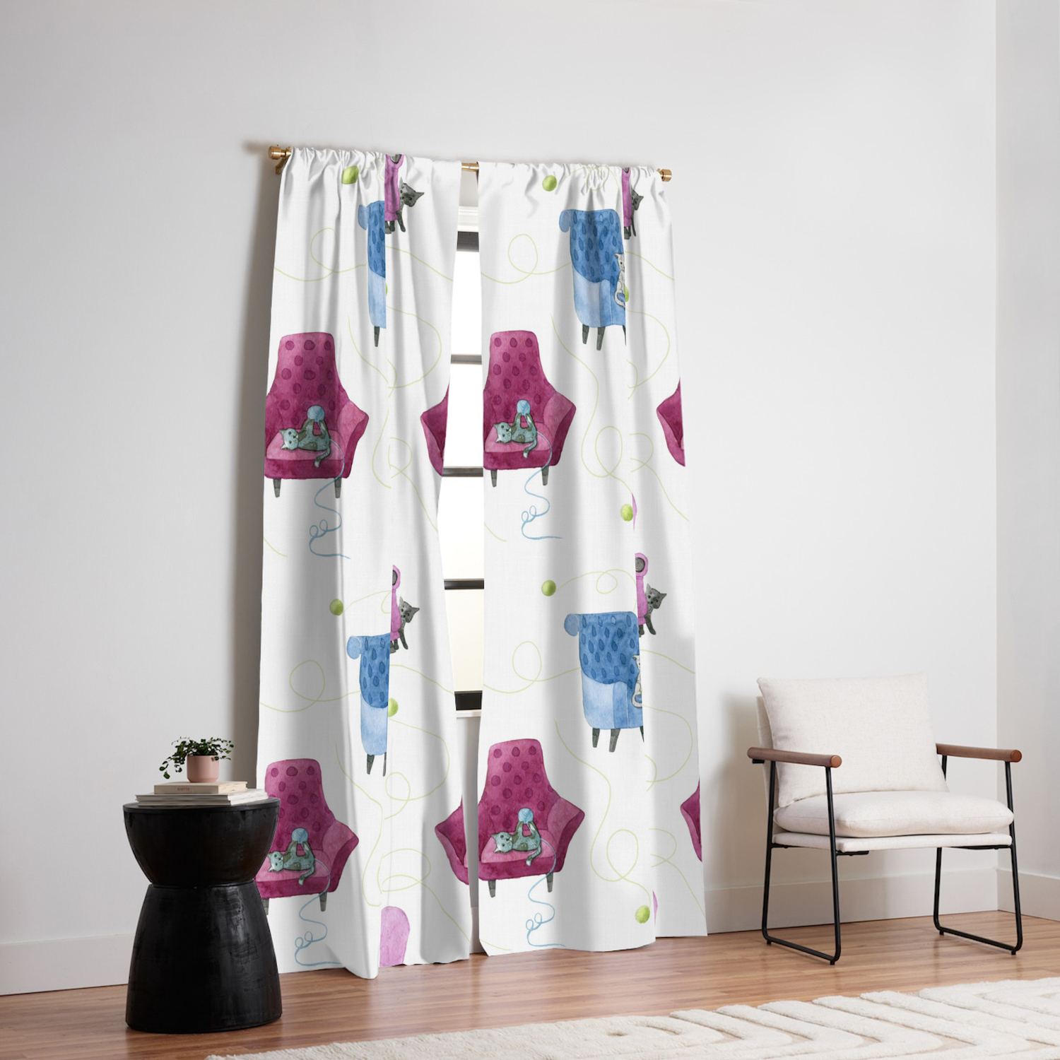 Cats Comfy Chairs Pattern Green Yarn Blackout Curtain By Thejessachannel