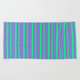 [ Thumbnail: Purple and Green Colored Stripes Pattern Beach Towel ]