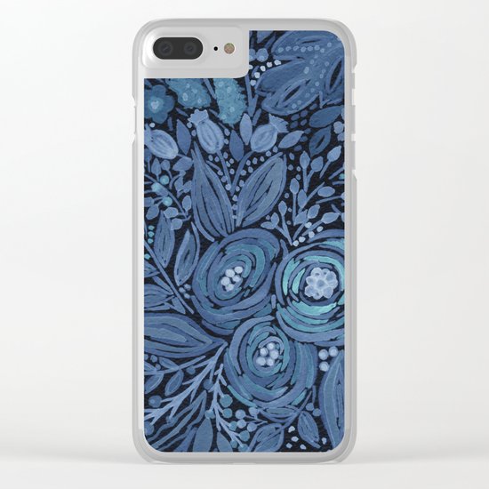 Watercolor . Black and blue floral pattern . Clear iPhone Case