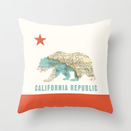 California Bear Flag with Vintage Map Throw Pillow