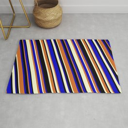 [ Thumbnail: Chocolate, Light Yellow, Black & Blue Colored Lines/Stripes Pattern Rug ]