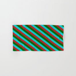 [ Thumbnail: Red, Dark Green, and Dark Turquoise Colored Lined/Striped Pattern Hand & Bath Towel ]