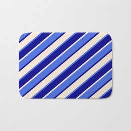 [ Thumbnail: Beige, Royal Blue, and Dark Blue Colored Lines/Stripes Pattern Bath Mat ]