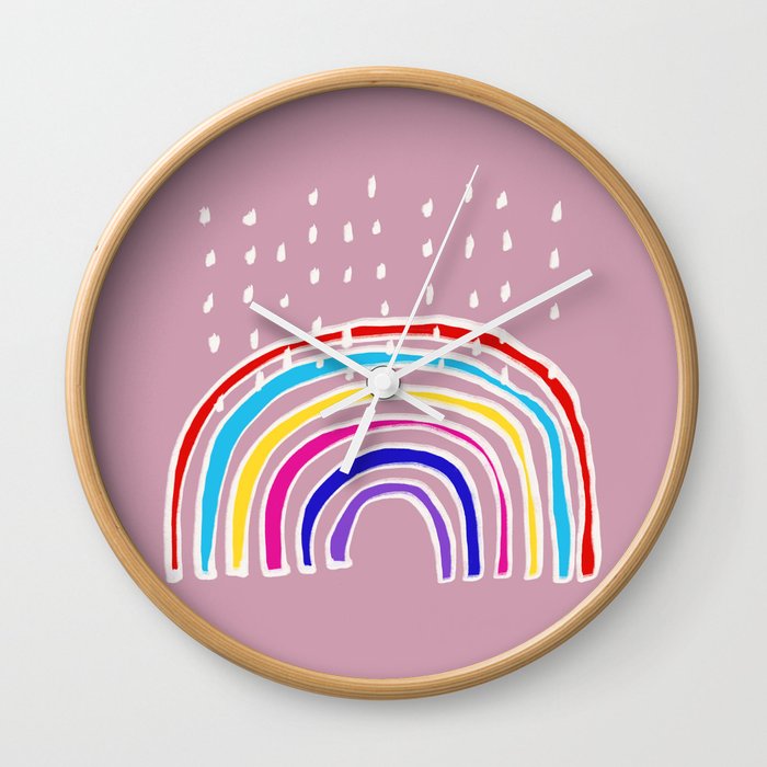 Rainbow and Rain in Pink Wall Clock