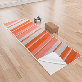 [ Thumbnail: Red, Light Grey & Salmon Colored Striped/Lined Pattern Yoga Towel ]