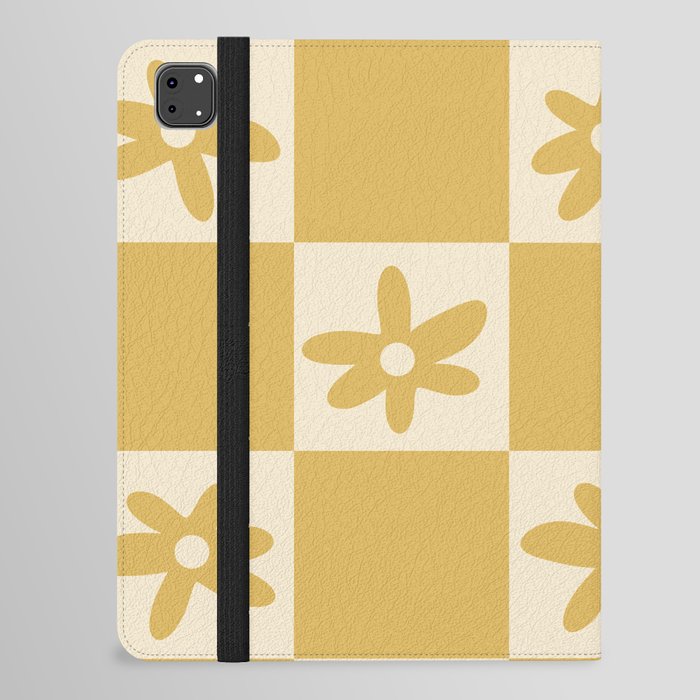 Flower Check Cute Floral Geometric Checkerboard Pattern in Mustard Gold iPad Folio Case
